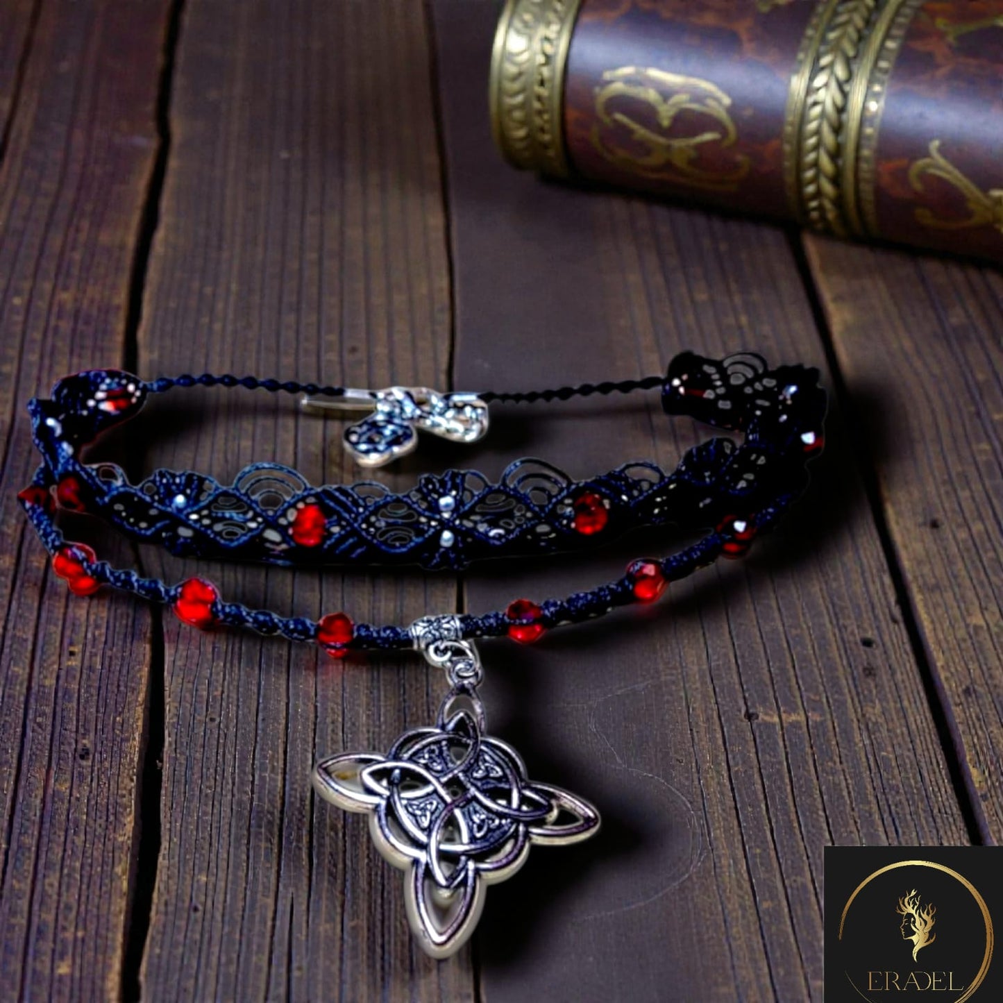 Celtic Knot Choker Necklace – Black Macrame with Red Crystal Beads | Handmade Gothic Jewelry
