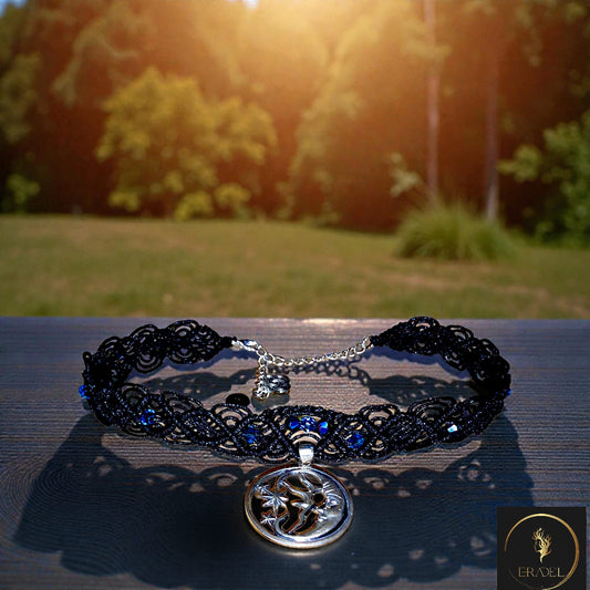 Midnight Forest Choker – Handmade Silk Cord Necklace with Crystal Beads & 925 Silver Tree Pendant