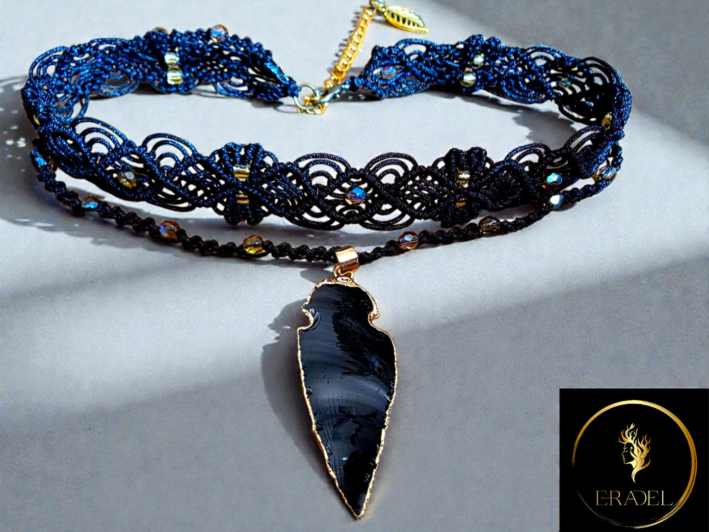 Obsidian Spearhead Macramé Choker | Adjustable Black Crystal Choker Necklace | Handcrafted Gothic Jewelry by ERADEL