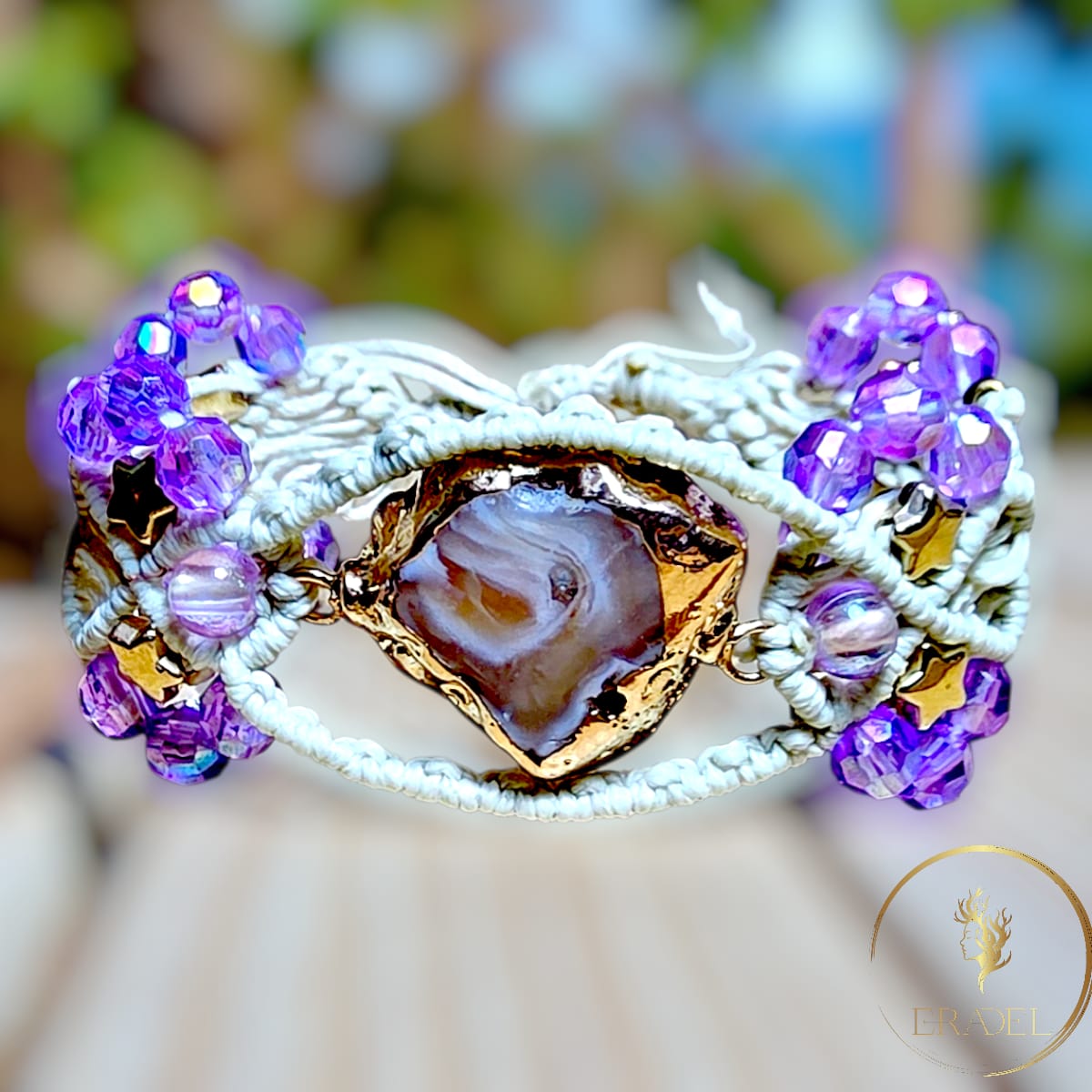 Handmade Druzy Agate Macrame Bracelet – Boho Off-White Cord with AB Crystal Beads & Star Accents