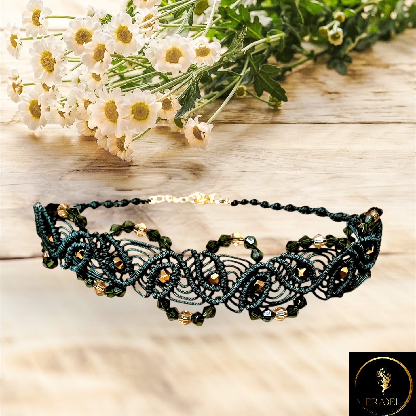 Handmade Green Macramé Choker with Crystal Beads – Adjustable Boho Necklace