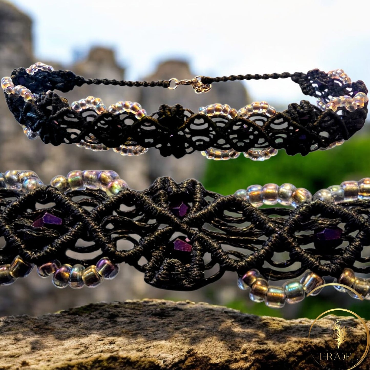 Midnight Whispers Black Macramé Choker with Crystal Beads