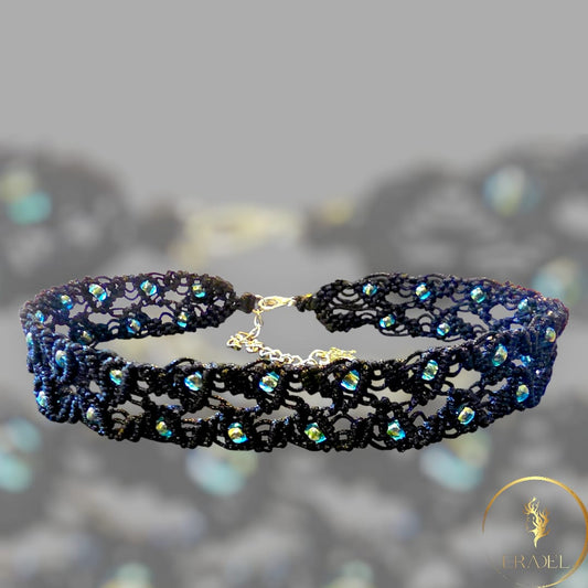 Handcrafted Black Macrame Choker with AB Crystal Beads | Eradel Jewelry