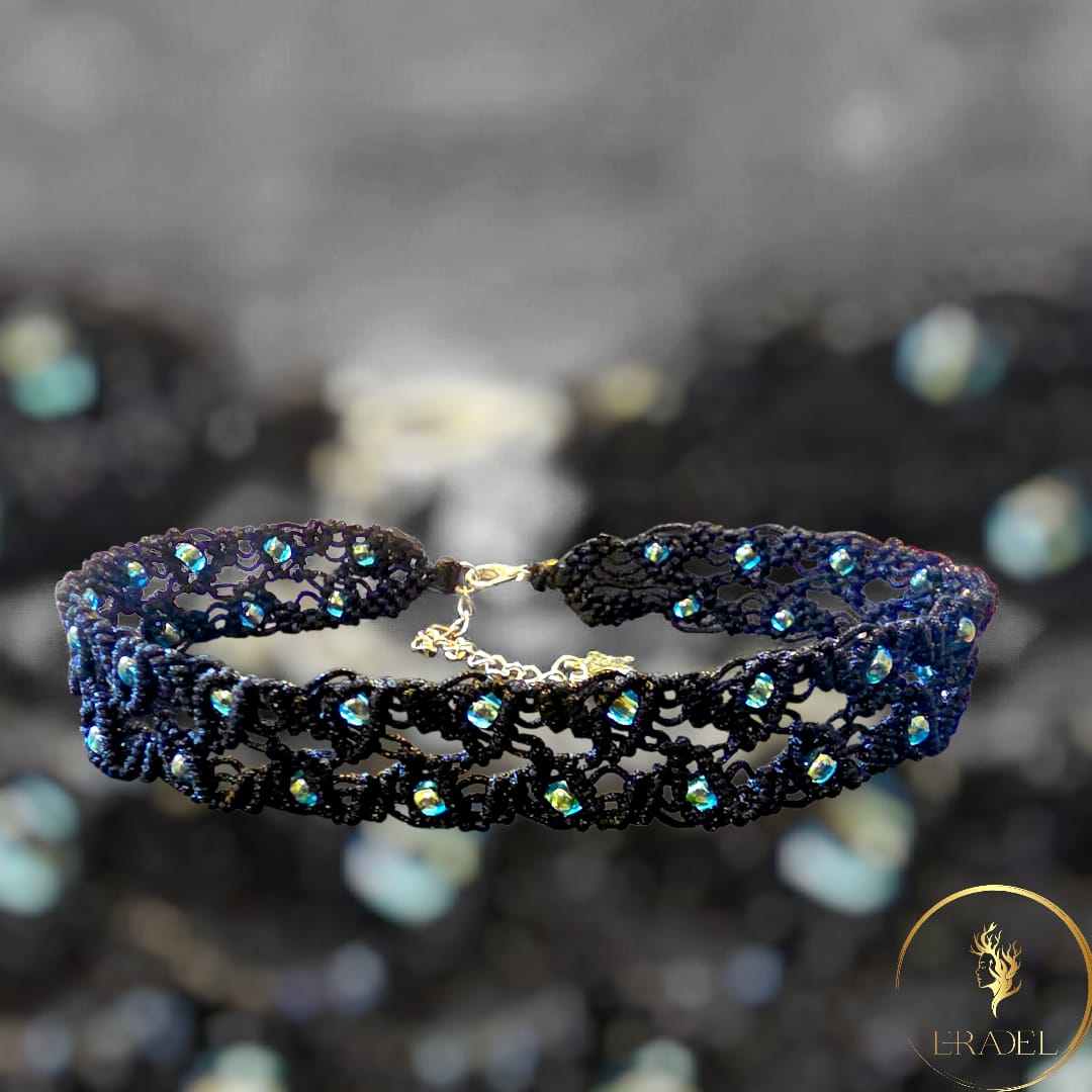 Handcrafted Black Macrame Choker with AB Crystal Beads | Eradel Jewelry