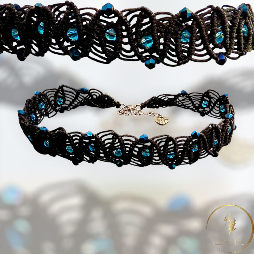 Elegant Blue Crystal Macramé Choker Necklace – Handmade Statement Jewelry