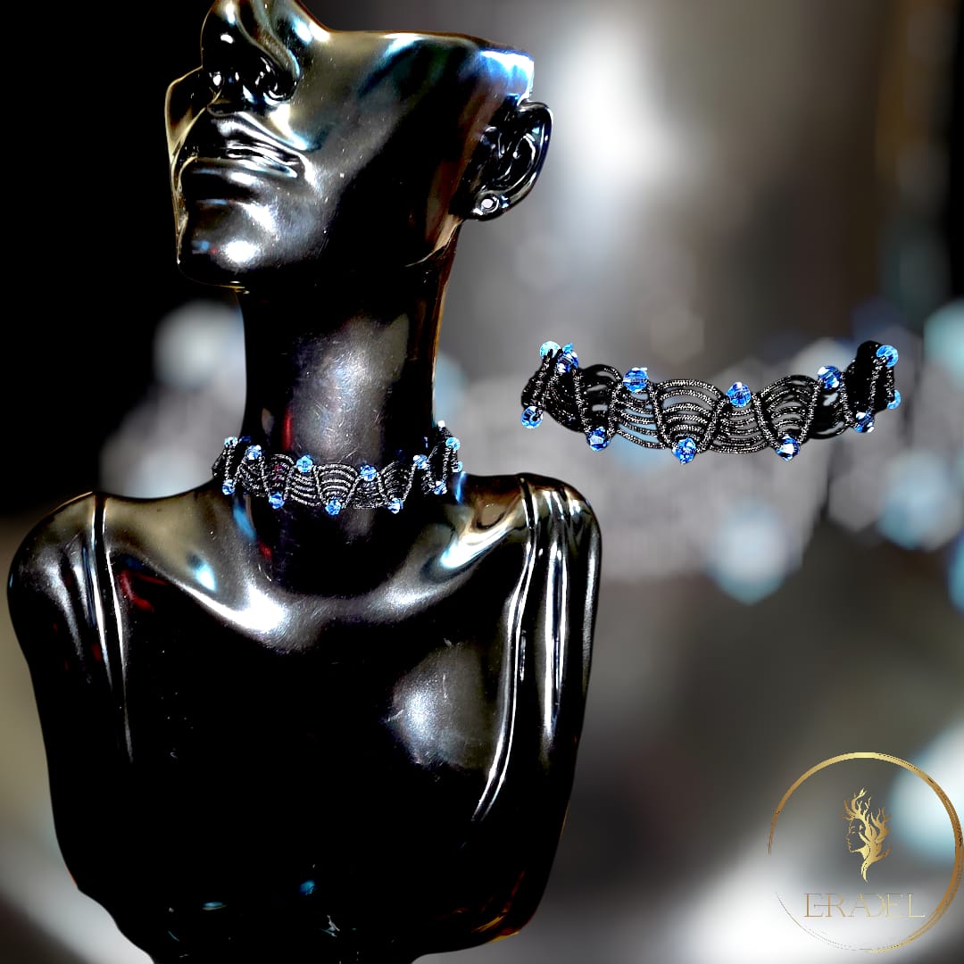 Handmade Black Macramé Choker with Blue Crystal Beads