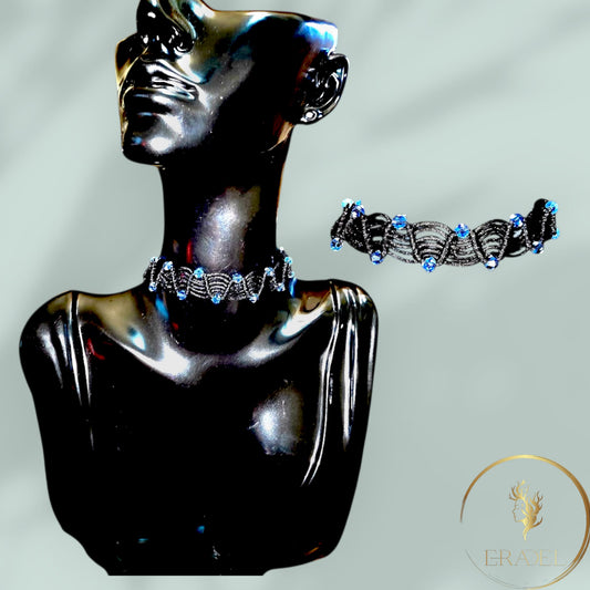 Handmade Black Macramé Choker with Blue Crystal Beads