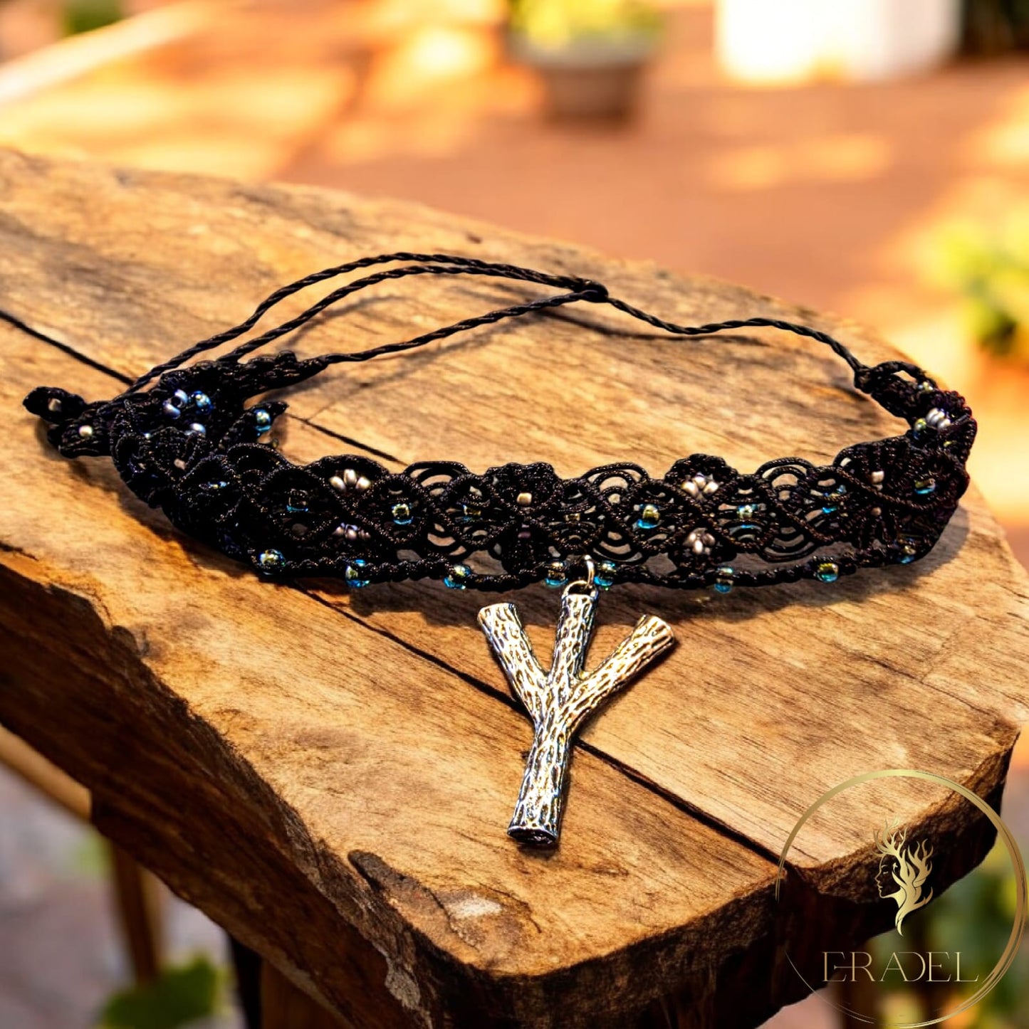 Handcrafted Black Lace Choker with Double Layer & Norse-Inspired Y Rune Pendant | Gothic Boho Festival Jewelry | Eradel Original Design