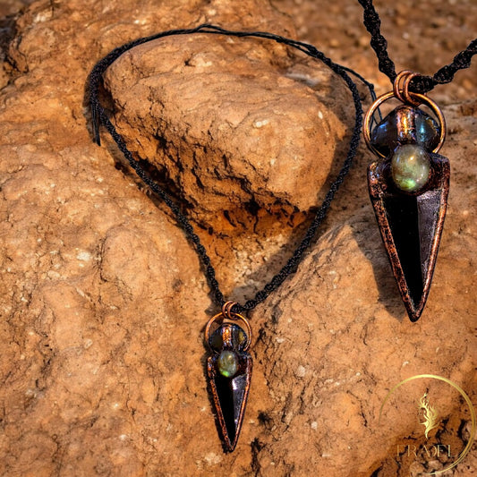Handmade Men's Necklace with Labradorite Stone | Tribal Arrow Pendant | Copper Electroformed Crystal Necklace