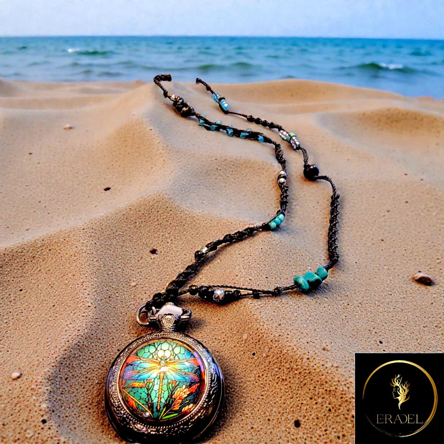 Dragonfly Watch Pendant Necklace with Natural Gemstones – Handmade Boho Statement Jewelry for Women