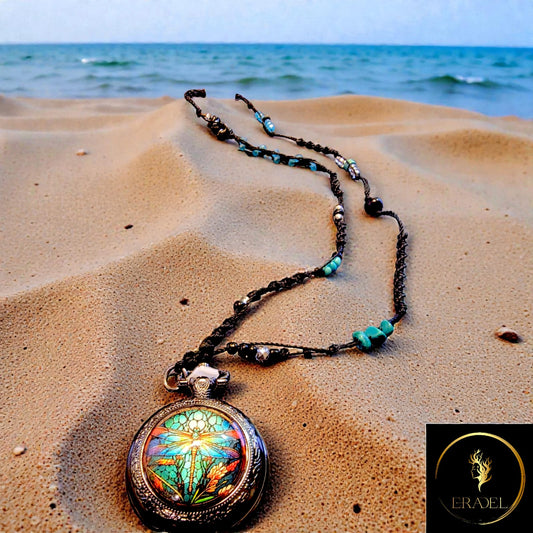 Dragonfly Watch Pendant Necklace with Natural Gemstones – Handmade Boho Statement Jewelry for Women