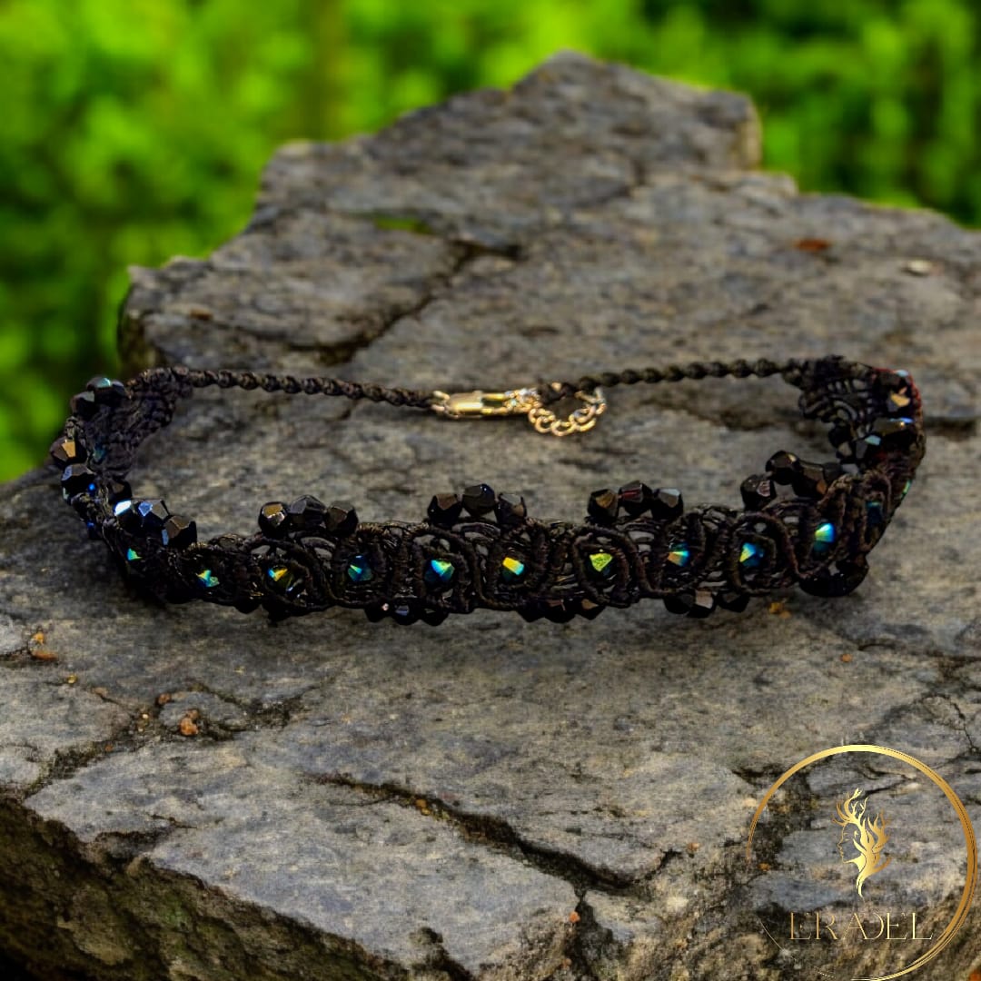 Handcrafted Black Macramé Choker with Swarovski Crystals  | Elegant Gothic Jewelry | ERADEL