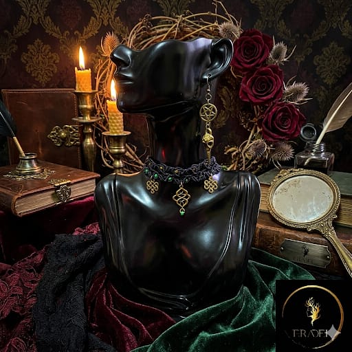 "Hecate's Knot Choker with Charm Earring | Black Macramé & Green Accents | Handmade Gothic Jewelry by ERADEL"