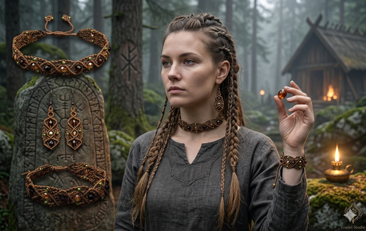 Handmade Viking Shieldmaiden Jewelry Set – Macrame Choker, Bracelet, Earrings & Barefoot Sandal with Gemstones and Swarovsky Crystals