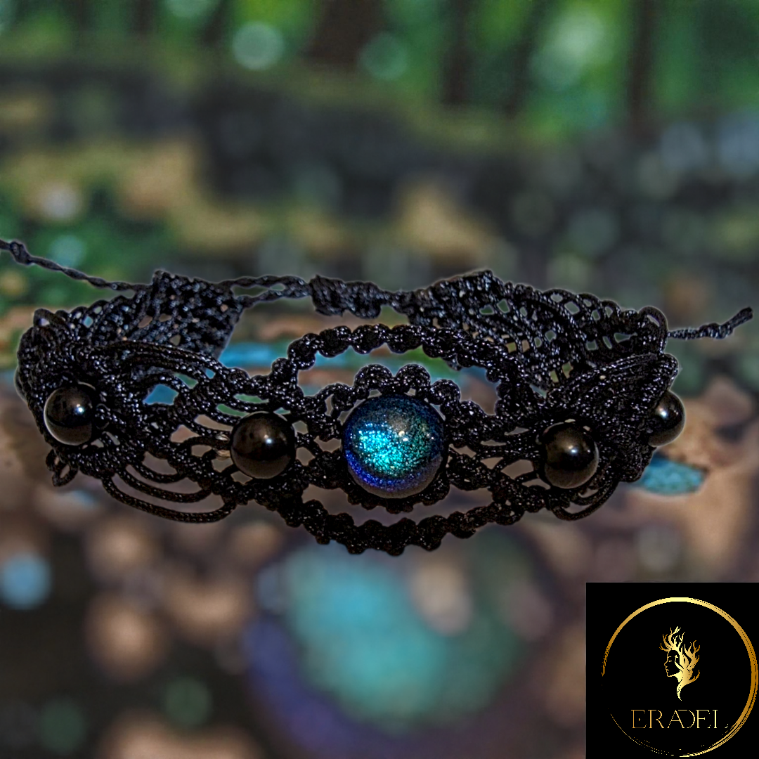 "Midnight Nebula" Handmade Micro-Macramé Bracelet with Iridescent Glass