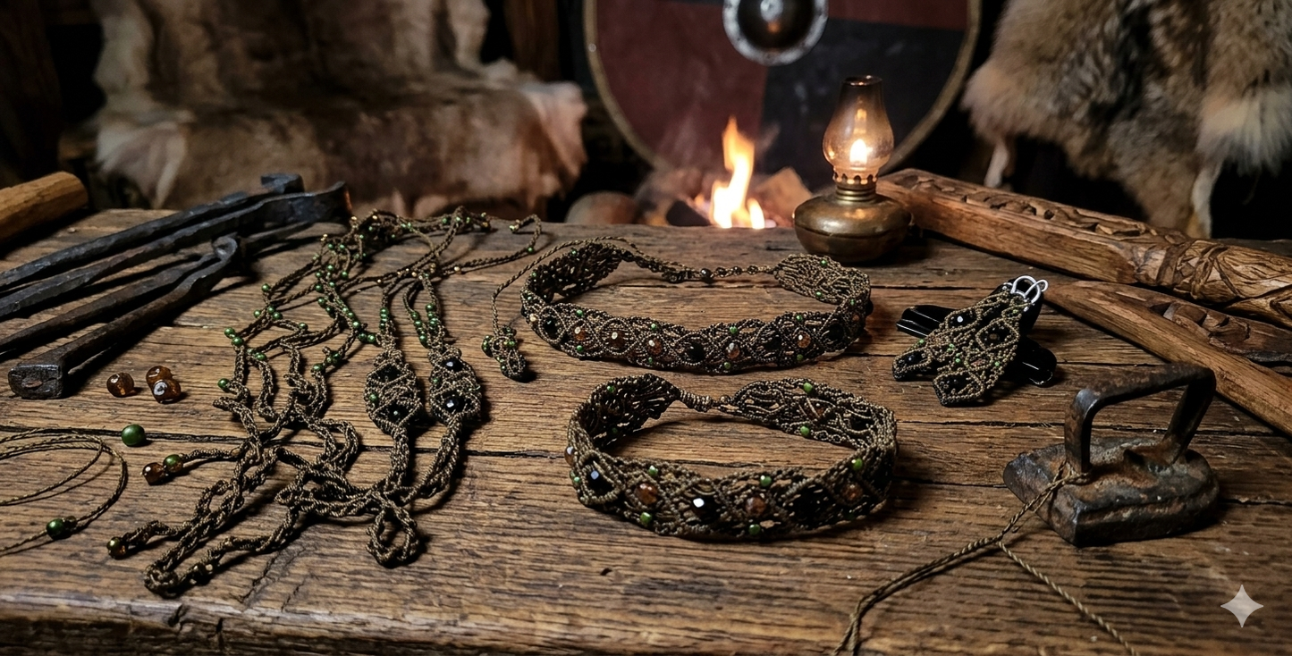 Handmade Viking Shieldmaiden Jewelry Set – Macrame Choker, Bracelet, Earrings & Barefoot Sandal with Gemstones and Swarovsky Crystals